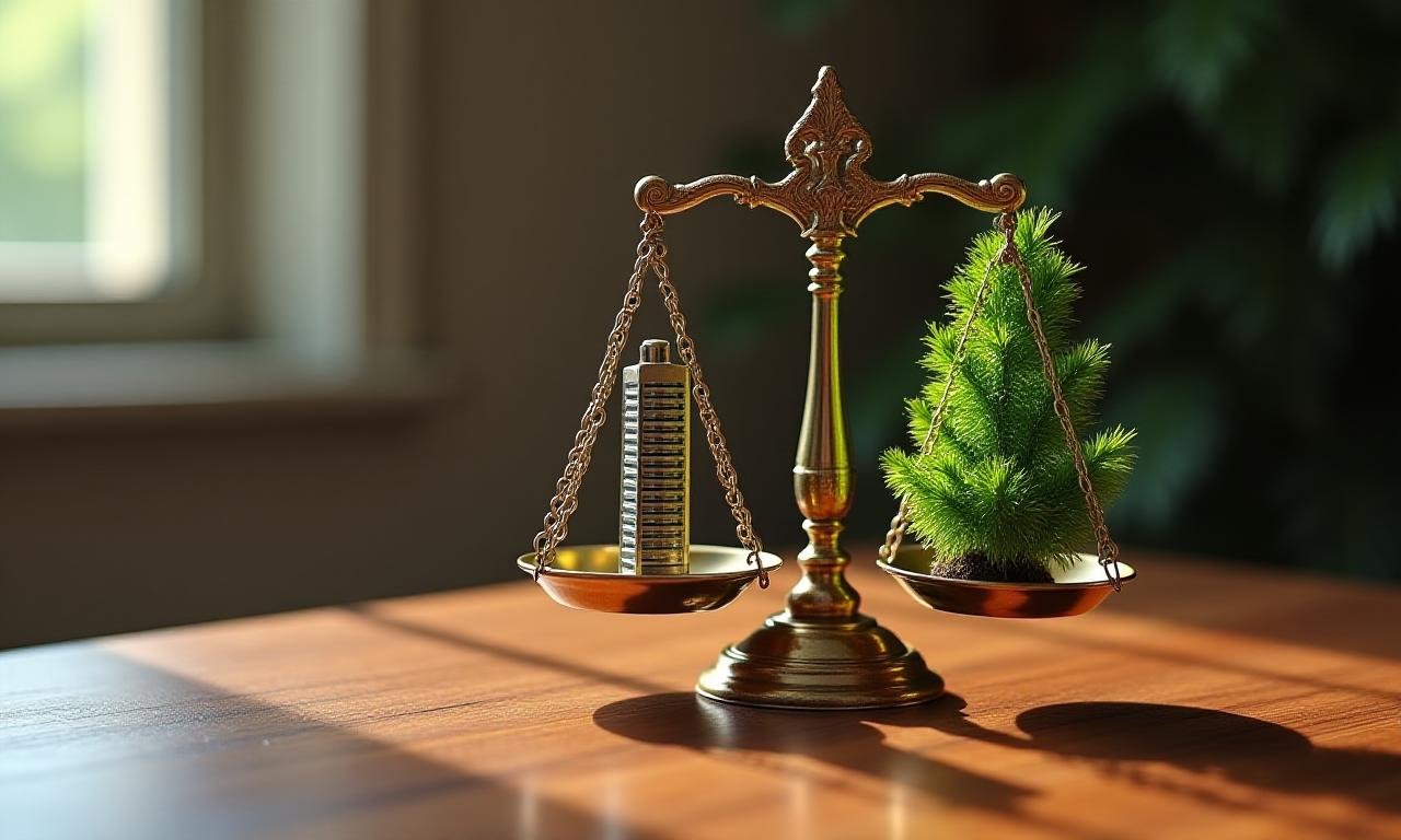 Golden scales balancing a modern city and a lush forest