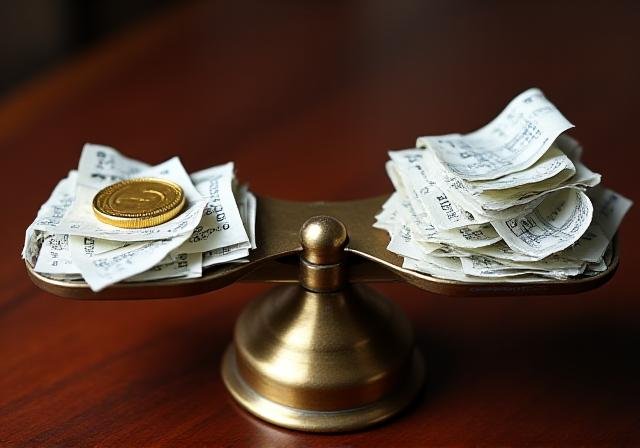 A balance scale weighing a gold coin against a stream of digital numbers